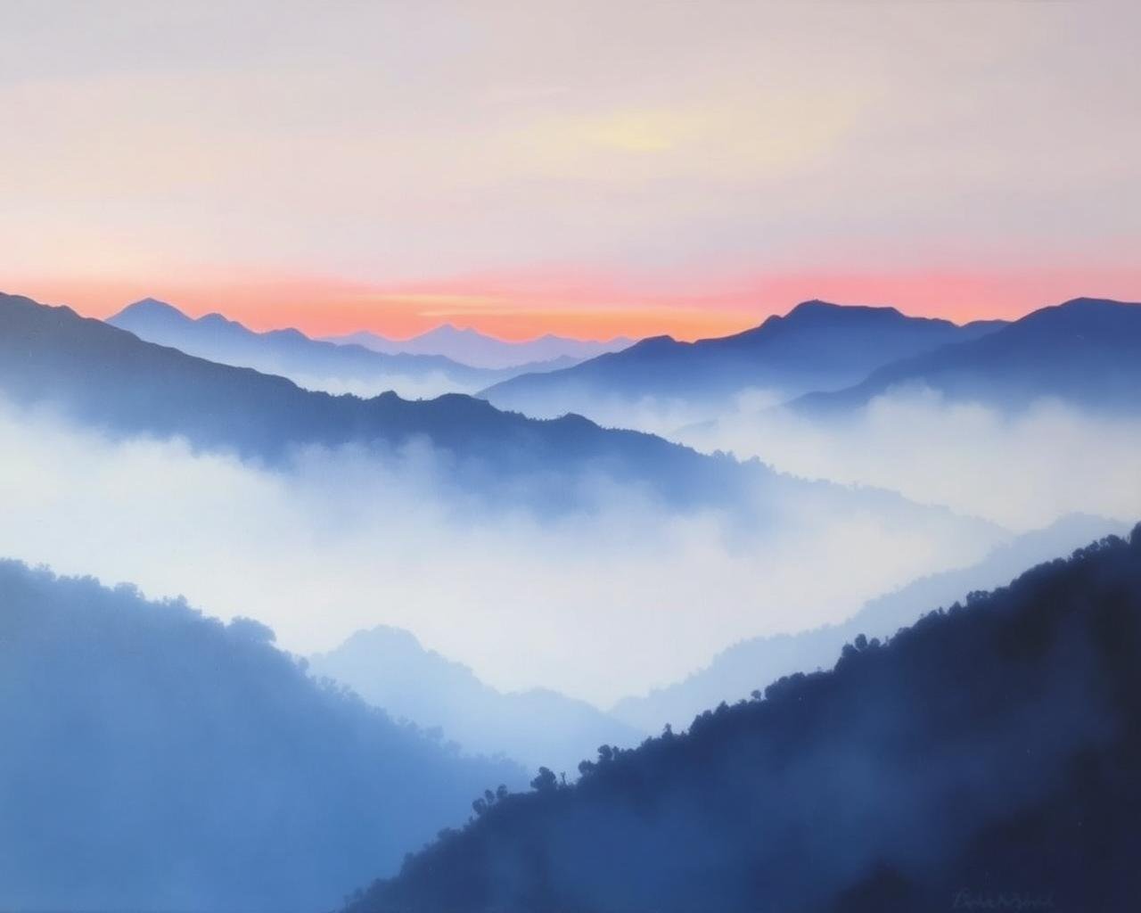 Landscape painting of misty Himalayan foothills by Laiba Khursheed