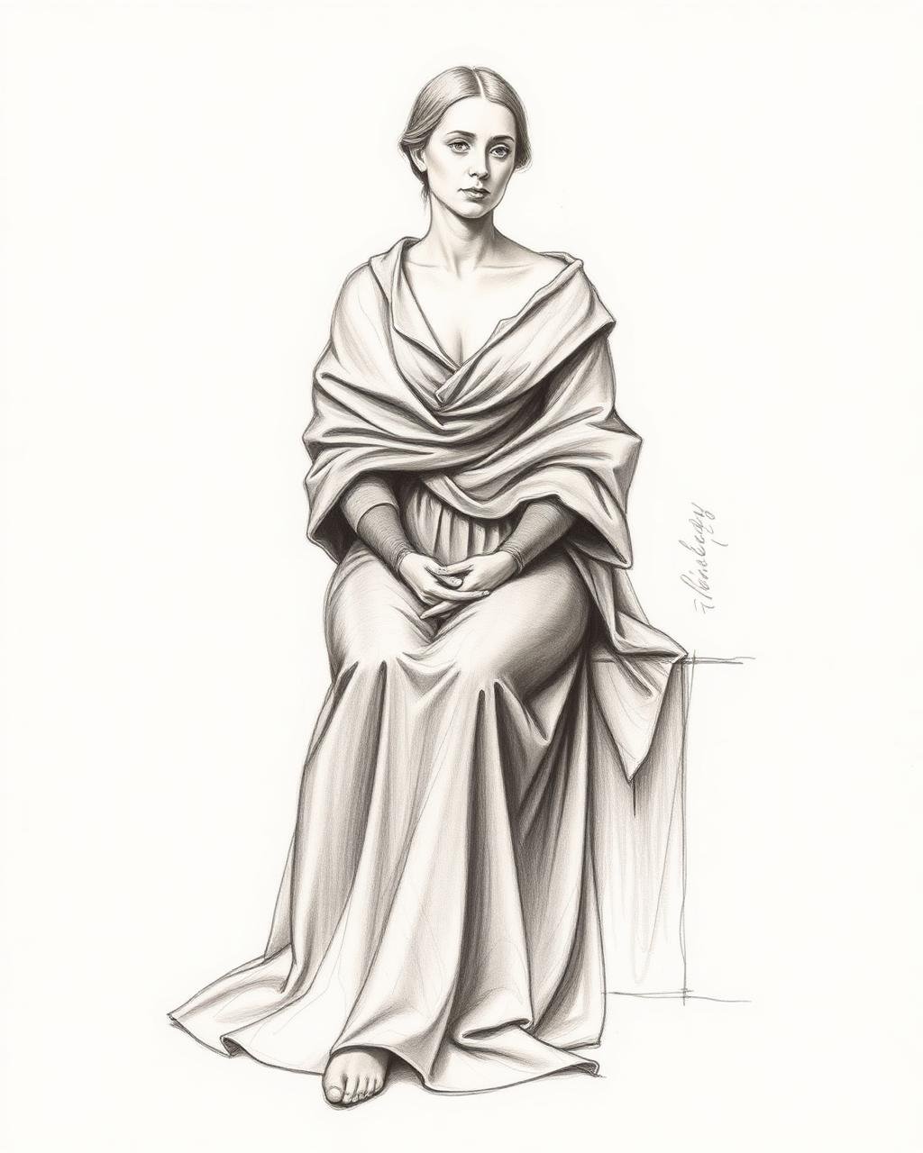 Charcoal life drawing of a seated draped figure by Laiba Khursheed