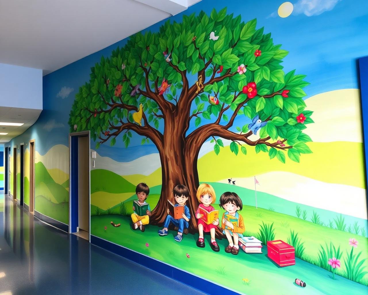 School corridor mural of a tree of knowledge by Laiba Khursheed