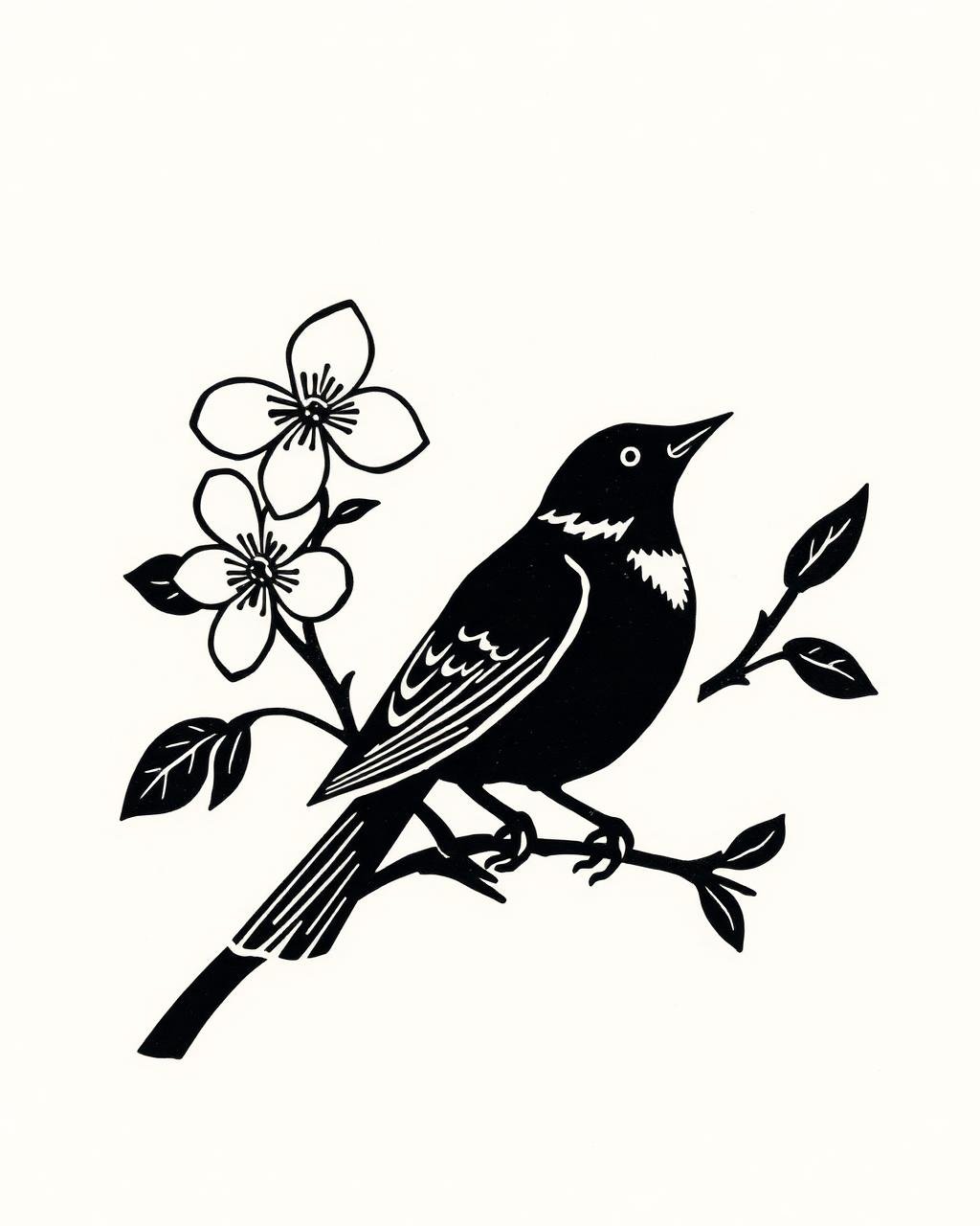 Linocut print of a bird on branch by Laiba Khursheed
