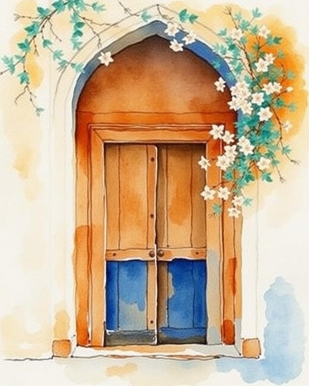 Watercolour painting of a Mughal-era doorway with jasmine by Laiba Khursheed