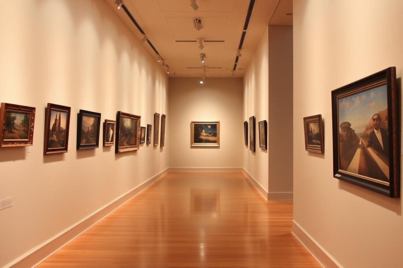 Gallery interior with framed paintings on ivory walls — group exhibition