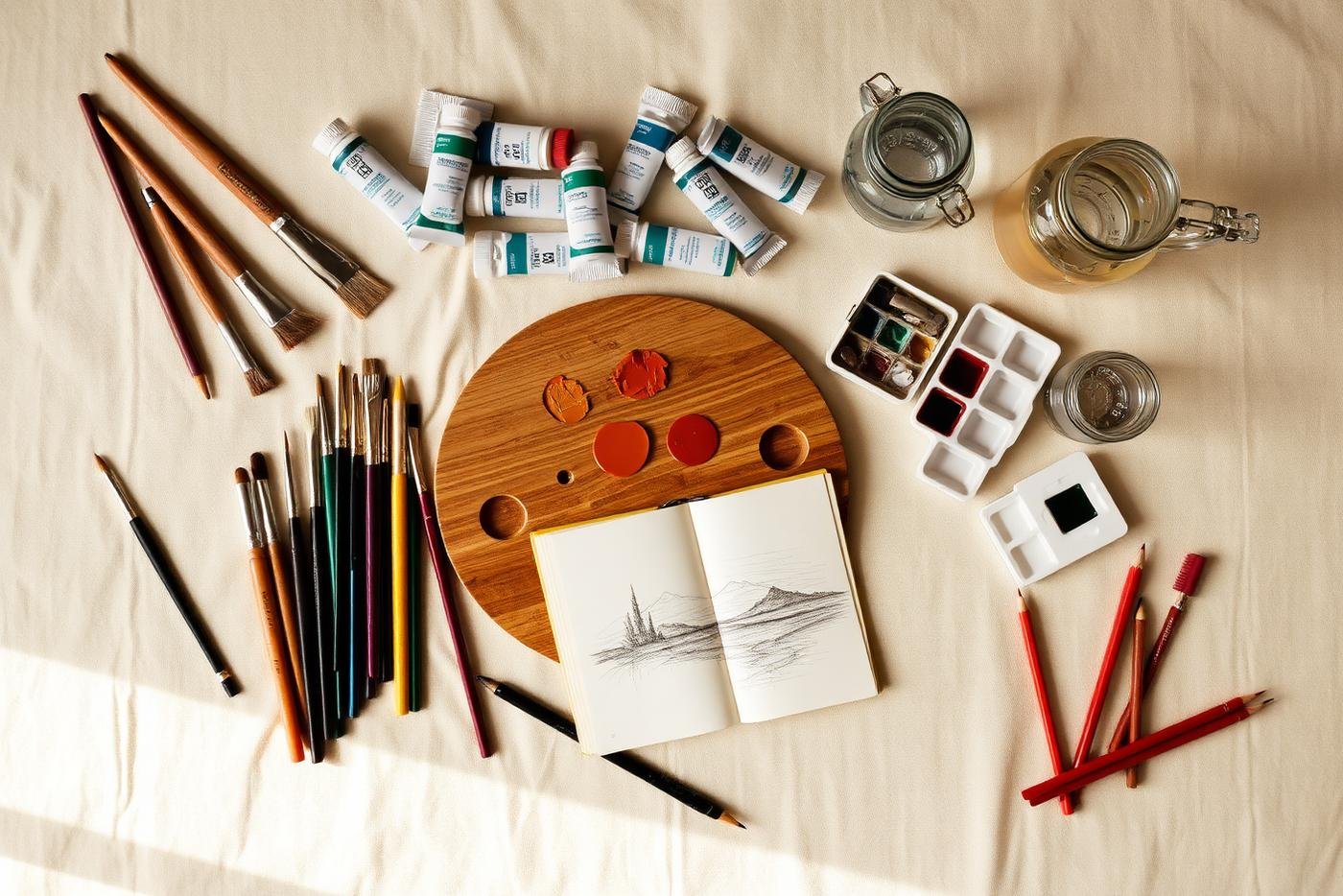 Flat-lay of Laiba's art materials — brushes, oil paints, sketches