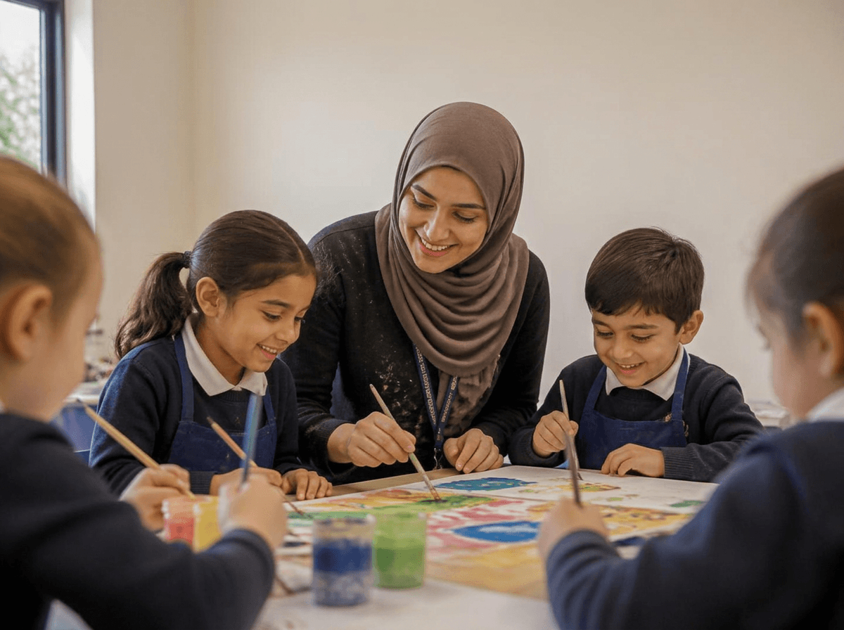 Laiba Khursheed teaching primary art class in Dubai — young students painting with watercolour